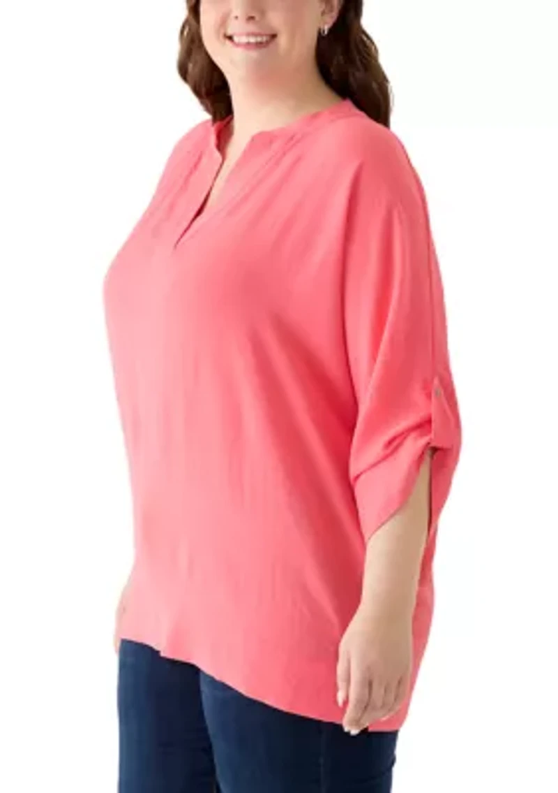 Plus Three-Quarter Sleeve Solid Woven Top