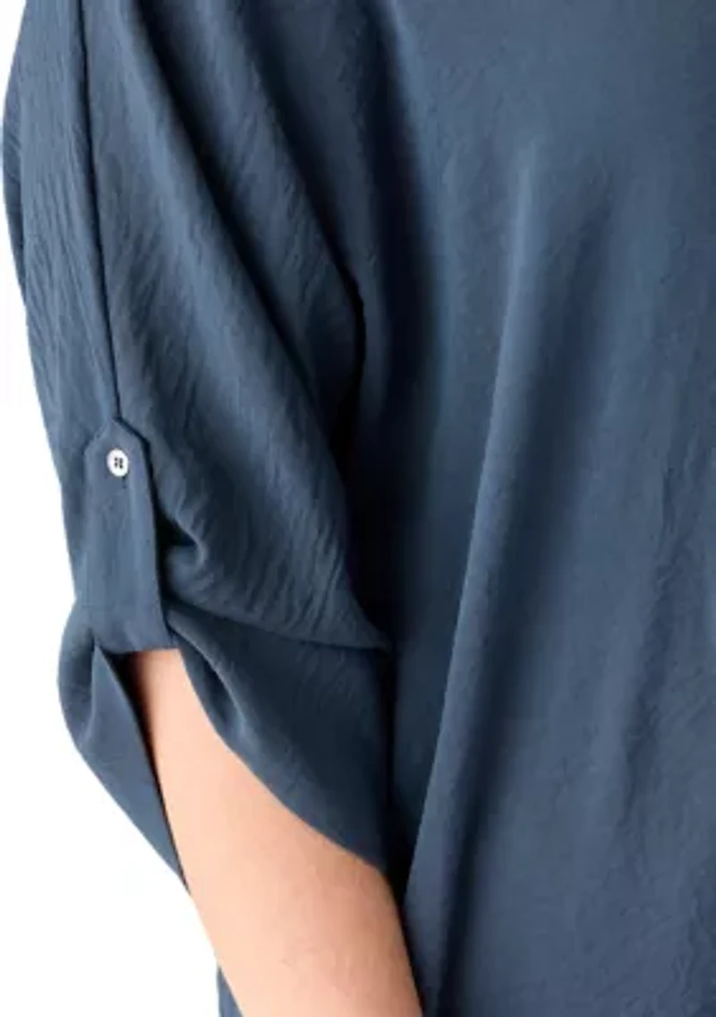 Plus Three-Quarter Sleeve Solid Woven Top