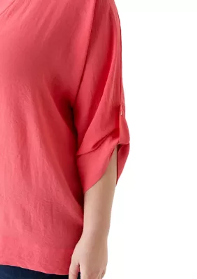 Plus Three-Quarter Sleeve Solid Woven Top