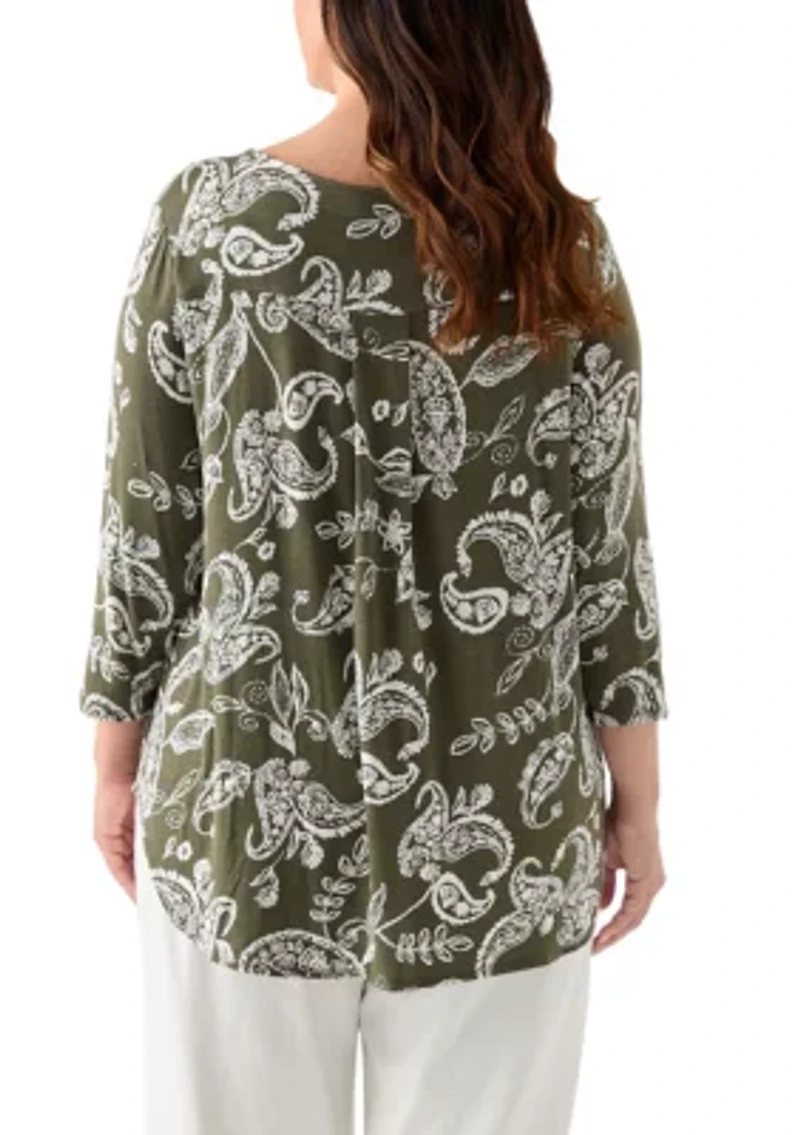 Plus 3/4 Sleeve Pleat Back T-Shirt