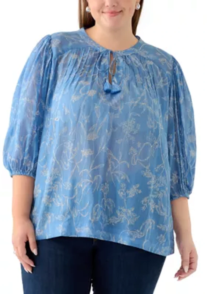 Plus 3/4 Puff Sleeve Voile Print Peasant Top
