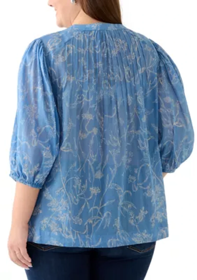 Plus 3/4 Puff Sleeve Voile Print Peasant Top