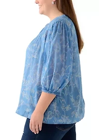 Plus 3/4 Puff Sleeve Voile Print Peasant Top