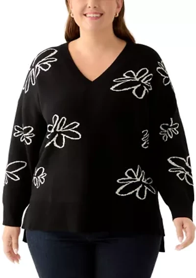 Plus V-Neck Intarsia Sweater