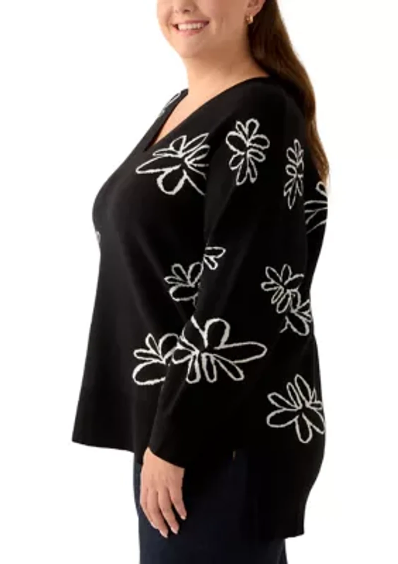 Plus V-Neck Intarsia Sweater