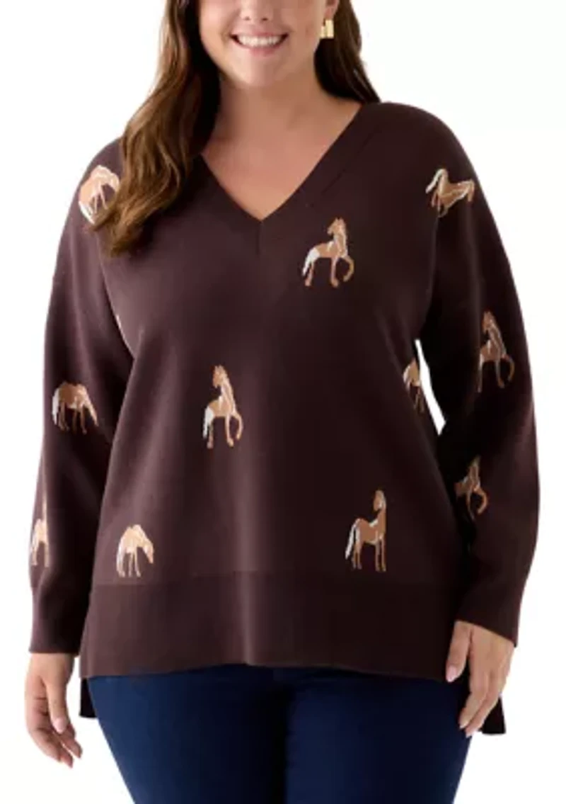 Plus V-Neck Intarsia Sweater