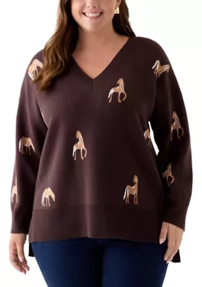 Plus V-Neck Intarsia Sweater