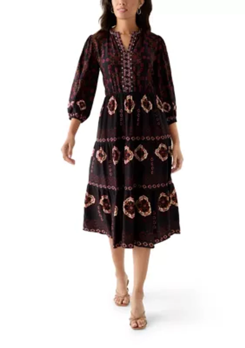 Women's 3/4 Sleeve Split Neck Printed Midi Dress