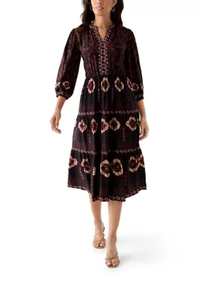 Women's 3/4 Sleeve Split Neck Printed Midi Dress