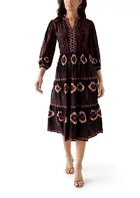 Women's 3/4 Sleeve Split Neck Printed Midi Dress