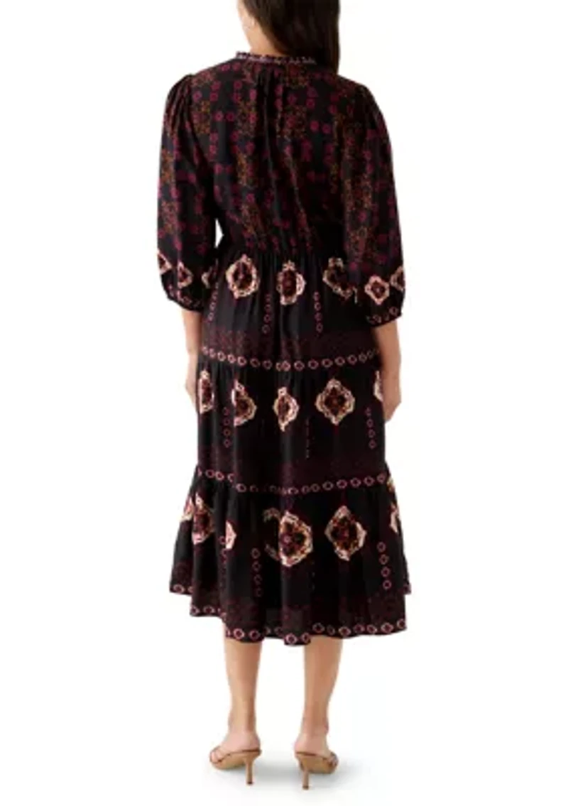 Women's 3/4 Sleeve Split Neck Printed Midi Dress