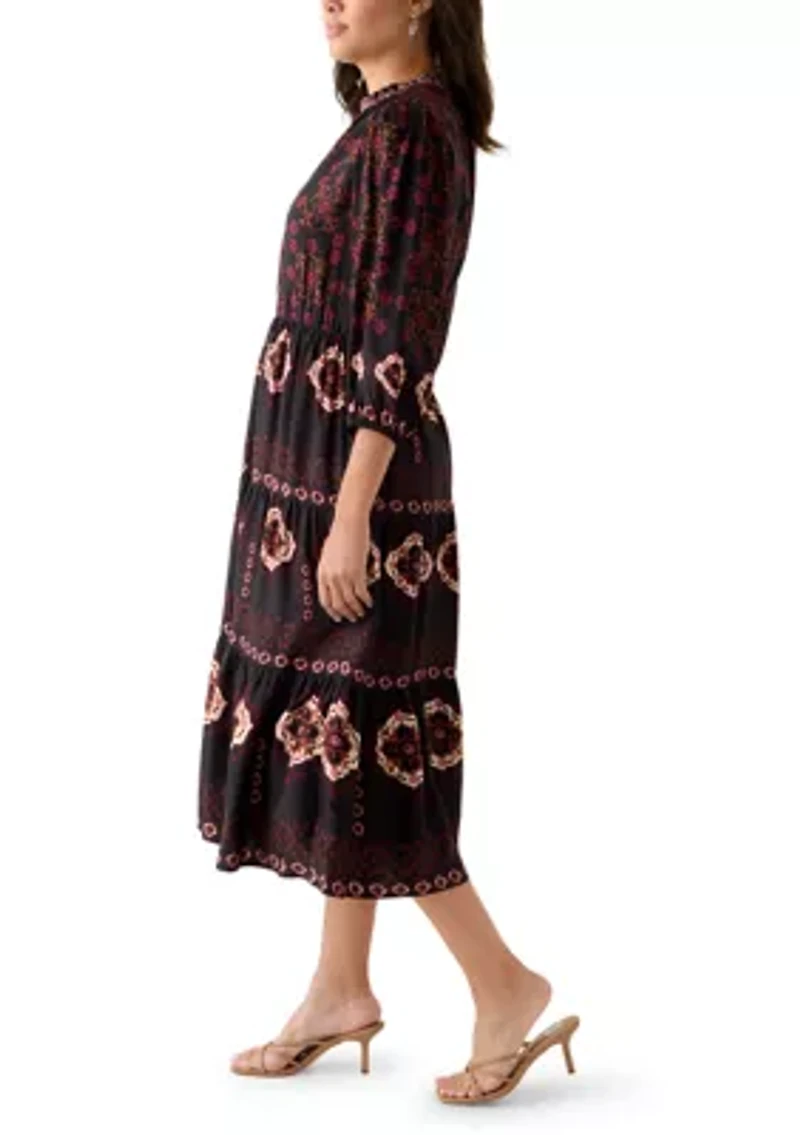 Women's 3/4 Sleeve Split Neck Printed Midi Dress