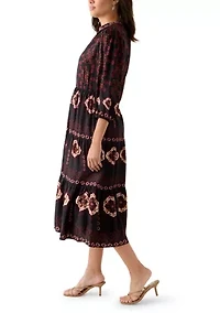 Women's 3/4 Sleeve Split Neck Printed Midi Dress