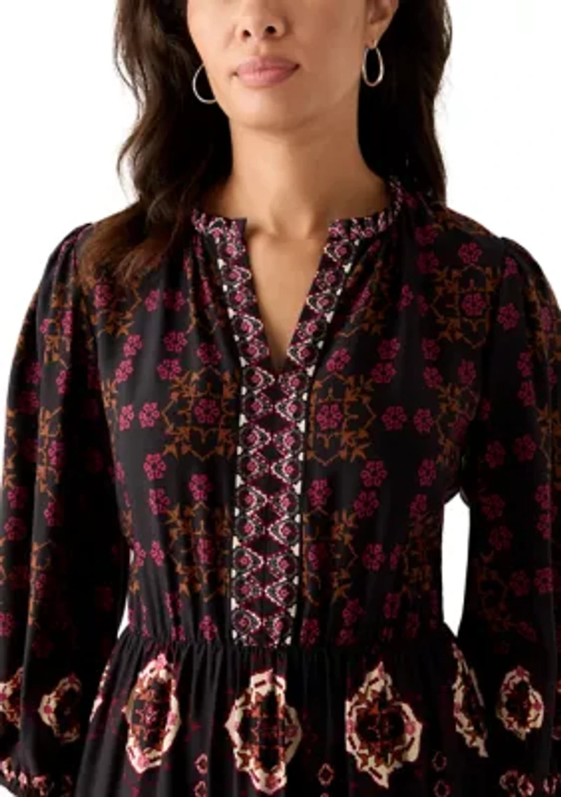 Women's 3/4 Sleeve Split Neck Printed Midi Dress