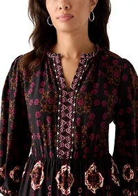 Women's 3/4 Sleeve Split Neck Printed Midi Dress