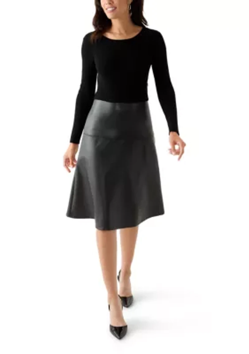 Women's Long Sleeve Mixed Media Vegan Leather Dress