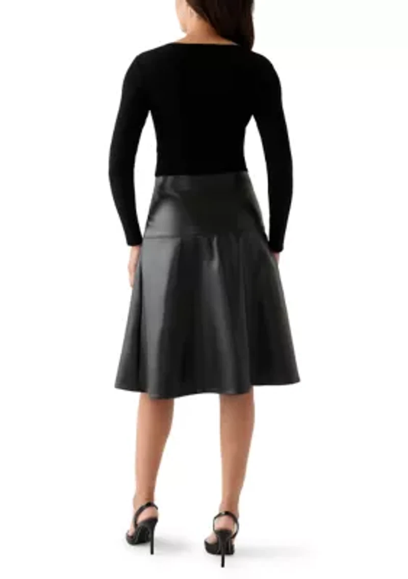 Women's Long Sleeve Mixed Media Vegan Leather Dress