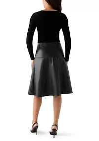 Women's Long Sleeve Mixed Media Vegan Leather Dress
