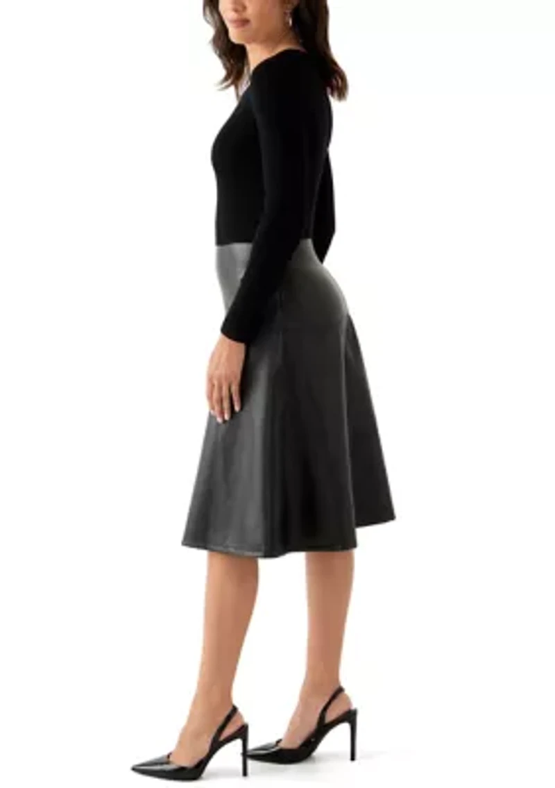 Women's Long Sleeve Mixed Media Vegan Leather Dress