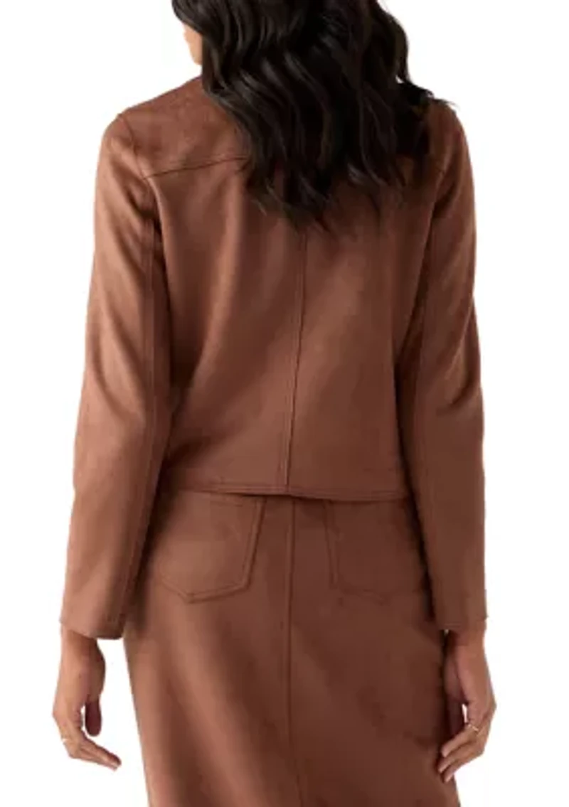 Women's Notch Collar Open Vegan Suede Jacket