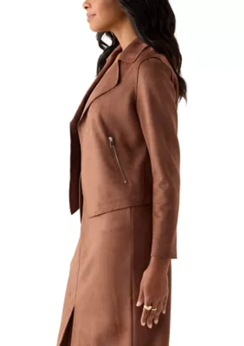 Women's Notch Collar Open Vegan Suede Jacket