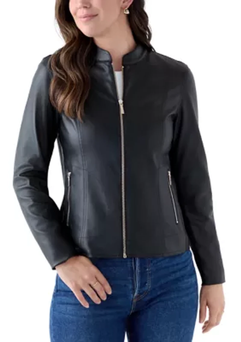 Women's Collarless Zip-Front Vegan Leather Jacket