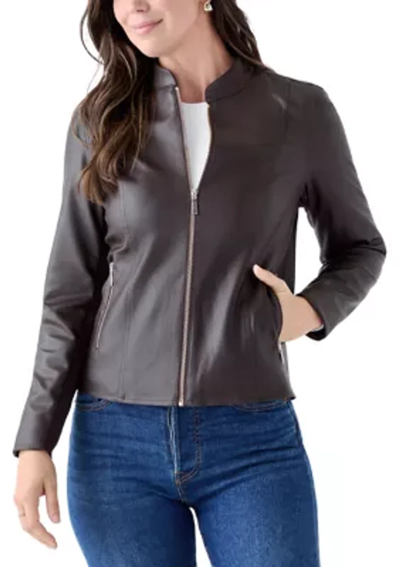 Women's Collarless Zip-Front Vegan Leather Jacket