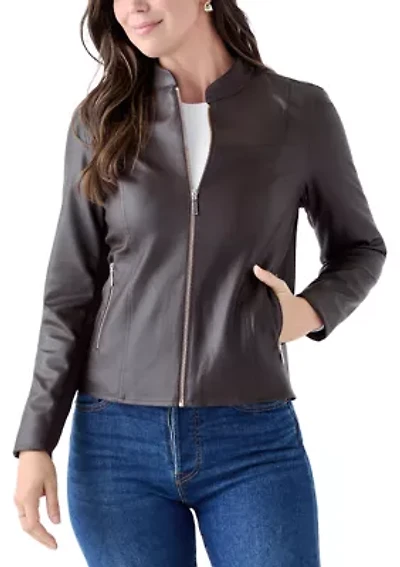 Women's Collarless Zip-Front Vegan Leather Jacket