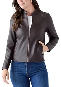 Women's Collarless Zip-Front Vegan Leather Jacket