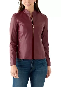 Women's Collarless Zip-Front Vegan Leather Jacket
