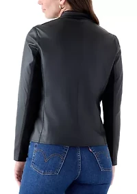 Women's Collarless Zip-Front Vegan Leather Jacket
