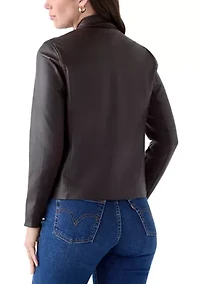 Women's Collarless Zip-Front Vegan Leather Jacket