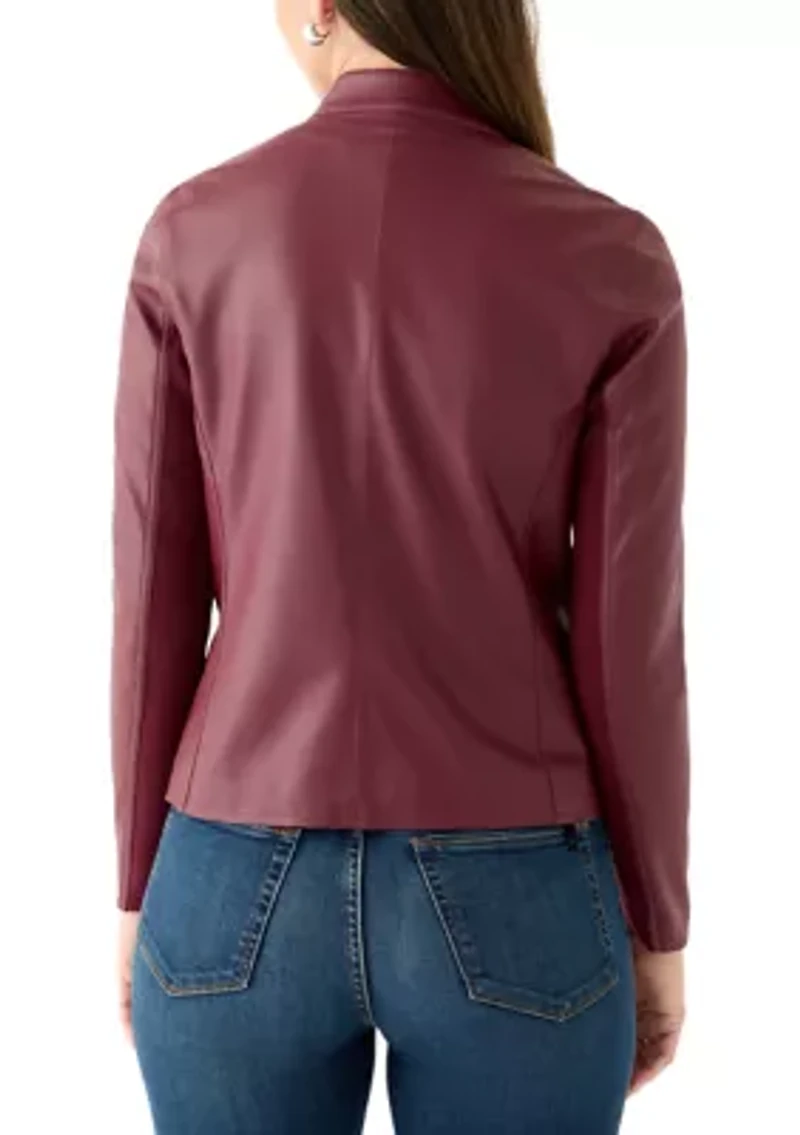 Women's Collarless Zip-Front Vegan Leather Jacket