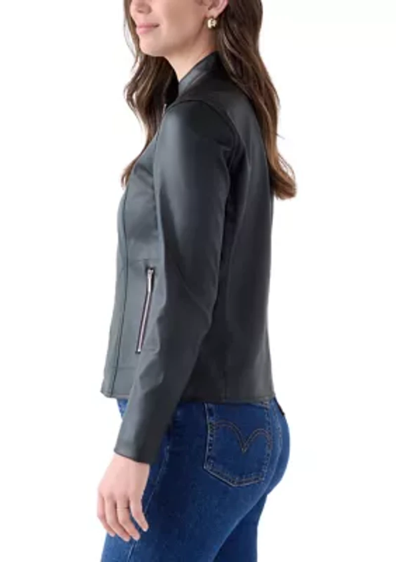 Women's Collarless Zip-Front Vegan Leather Jacket