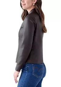Women's Collarless Zip-Front Vegan Leather Jacket