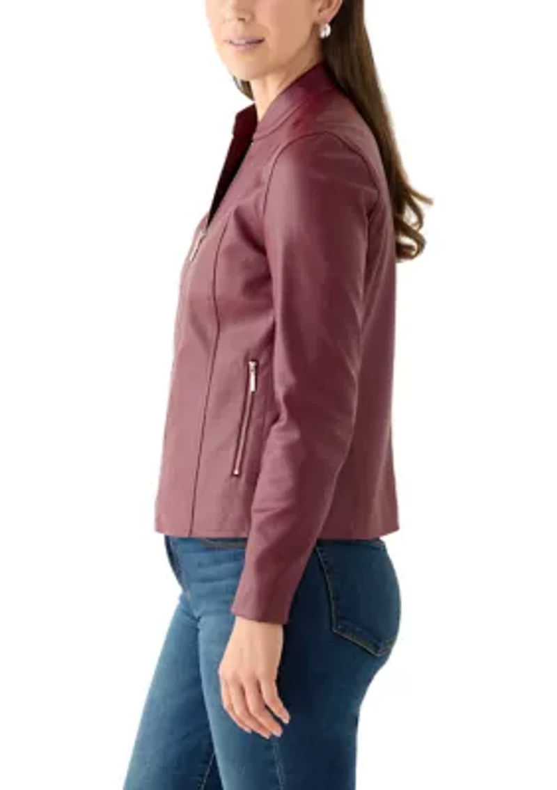Women's Collarless Zip-Front Vegan Leather Jacket