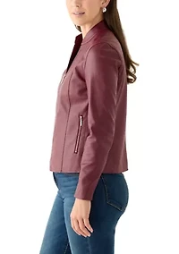 Women's Collarless Zip-Front Vegan Leather Jacket