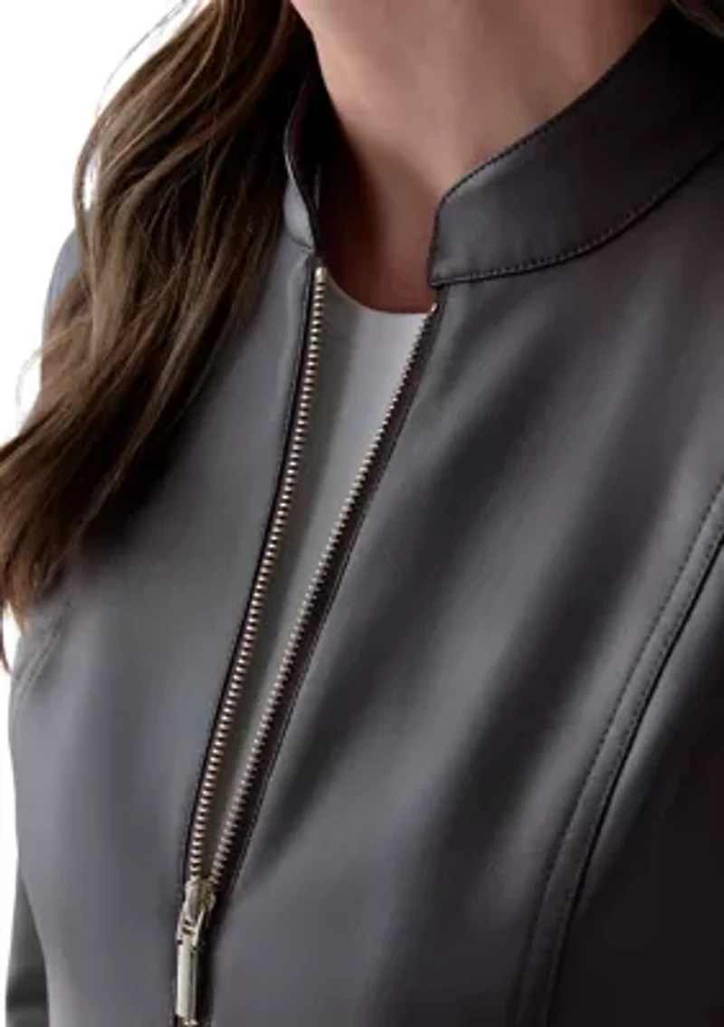 Women's Collarless Zip-Front Vegan Leather Jacket