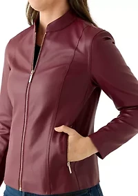 Women's Collarless Zip-Front Vegan Leather Jacket