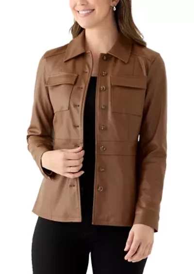 Women's Button Front Vegan Leather Jacket