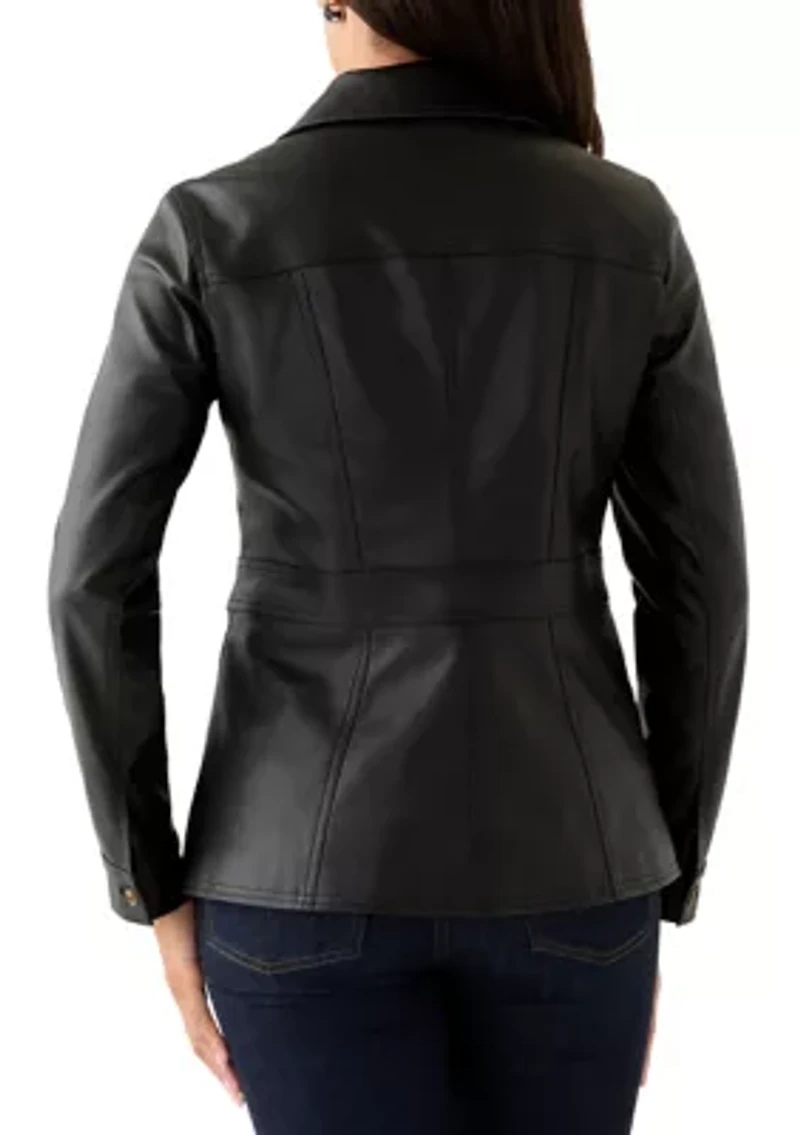 Women's Button Front Vegan Leather Jacket