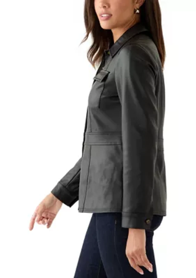 Women's Button Front Vegan Leather Jacket
