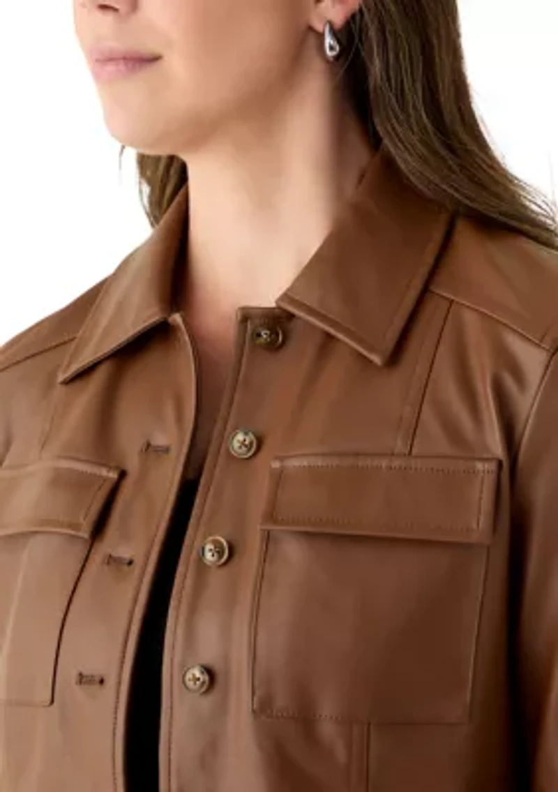 Women's Button Front Vegan Leather Jacket
