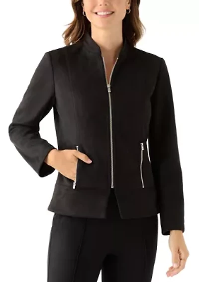 Women's Zip Front Collarless Vegan Suede Jacket
