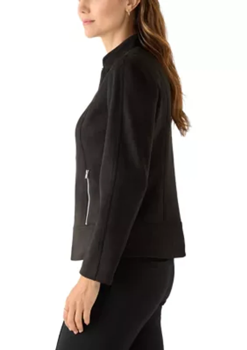 Women's Zip Front Collarless Vegan Suede Jacket