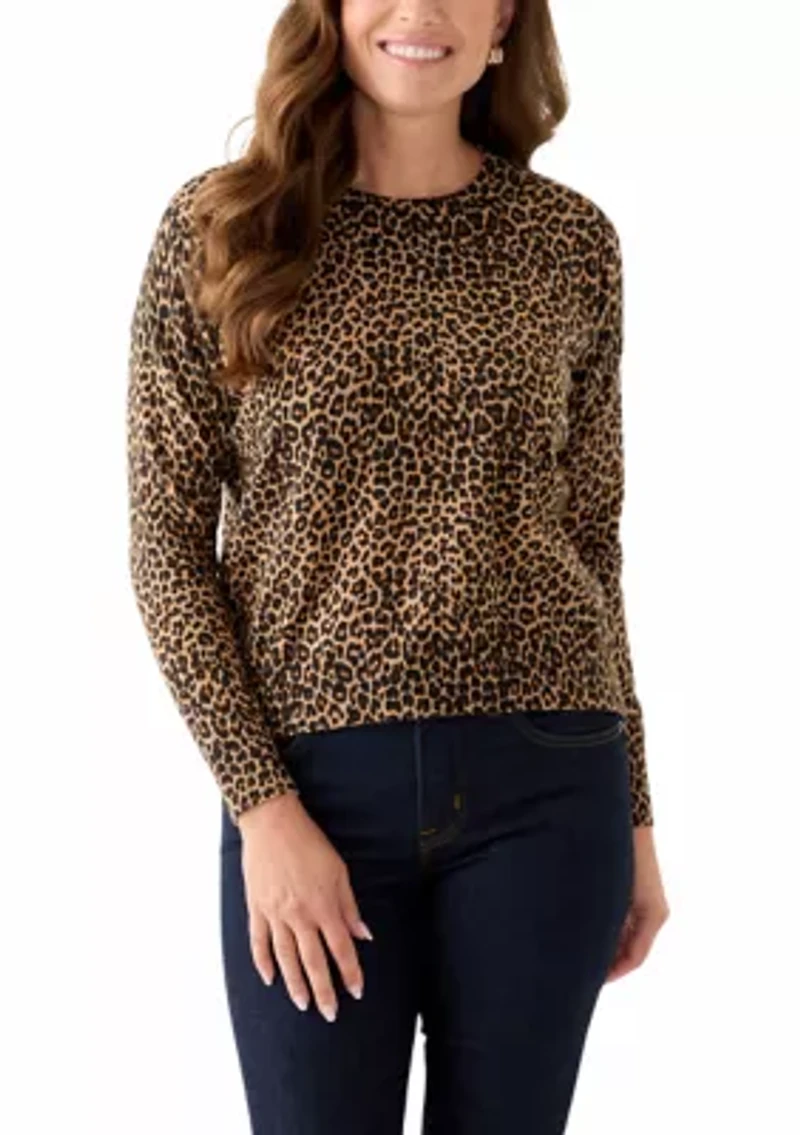 Petite Long Sleeve Crew Neck Leopard Print Pullover