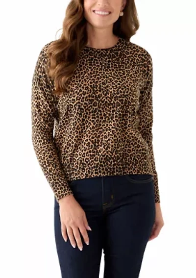 Petite Long Sleeve Crew Neck Leopard Print Pullover