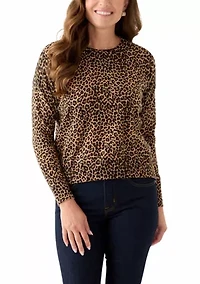 Petite Long Sleeve Crew Neck Leopard Print Pullover