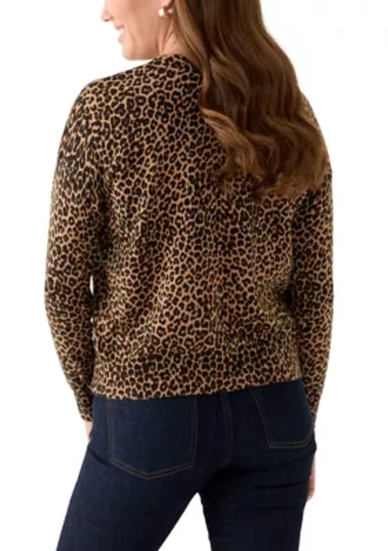 Petite Long Sleeve Crew Neck Leopard Print Pullover