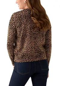 Petite Long Sleeve Crew Neck Leopard Print Pullover